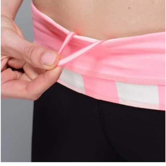 LULULEMON Up To Pace Pink Stripe Waistband Crop Leggings 4 - Picture 2 of 15